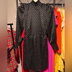LOFT Black and White Polka Dot Long Sleeve Midi Dress